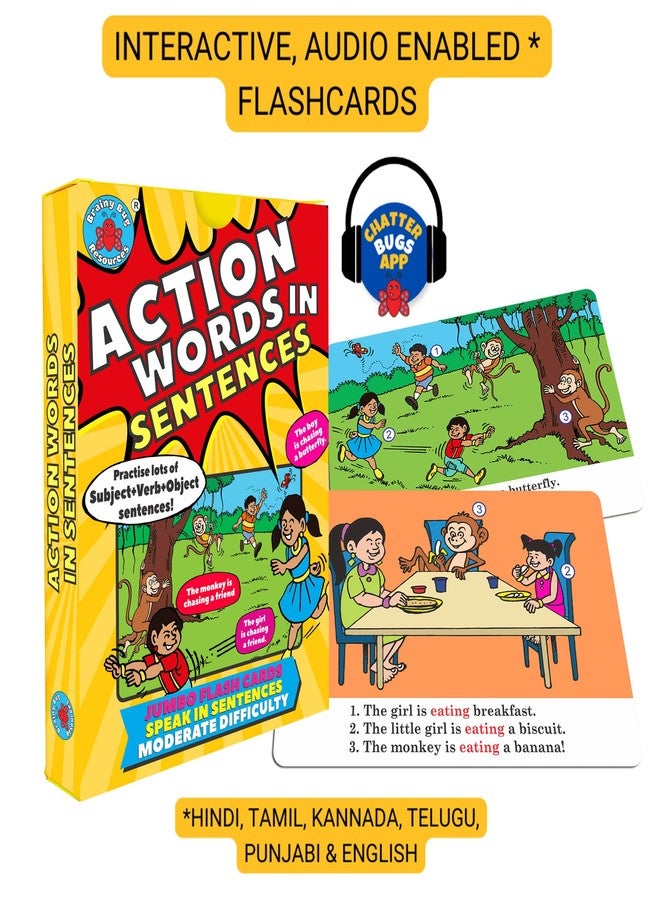 Brainy Bug Resources 120 Flashcards with App-Enabled Audio Feature | 60 Action Words, 30 Position Words, 30 Speak in Sentences | Audio in Hindi, English, Punjabi, Tamil, Kannada, Telugu - Image 4